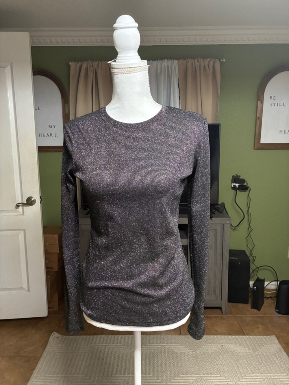 Mango Black Iridescent Sparkle Long-Sleeve Crewneck Top